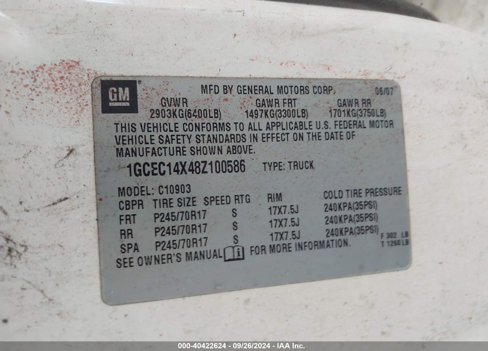 2008 CHEVROLET SILVERADO 1500 WORK TRUCK VIN: 1GCEC14X48Z100586