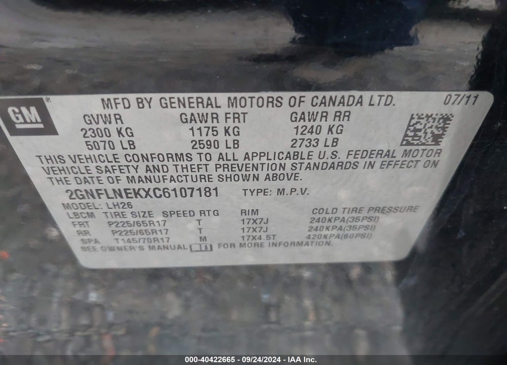 2012 CHEVROLET EQUINOX 2LT VIN: 2GNFLNEKXC6107181