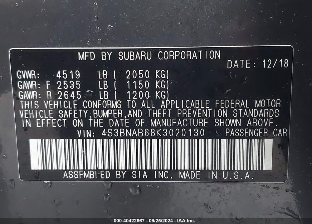 2019 SUBARU LEGACY 2.5I VIN: 4S3BNAB68K3020130