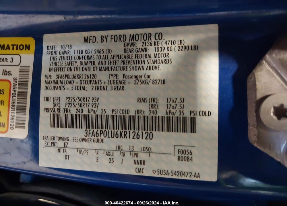 2019 FORD FUSION HYBRID SE VIN: 3FA6P0LU6KR126120