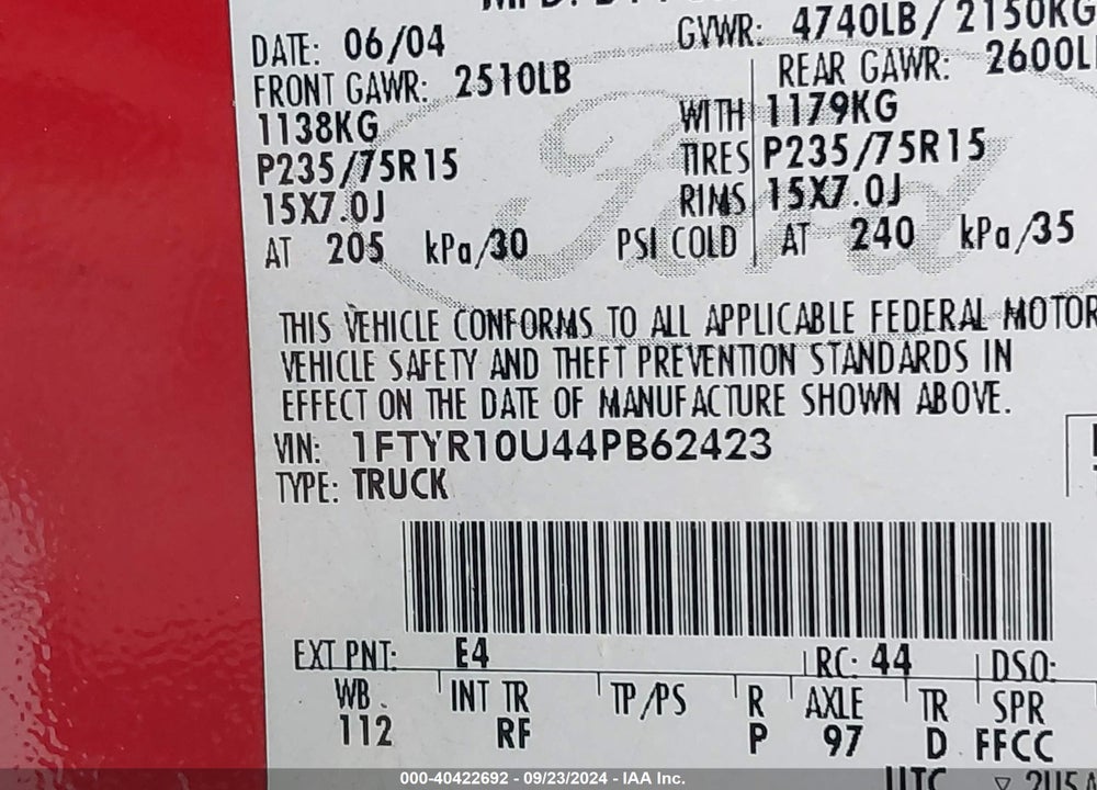 2004 FORD RANGER EDGE/XL/XLT VIN: 1FTYR10U44PB62423