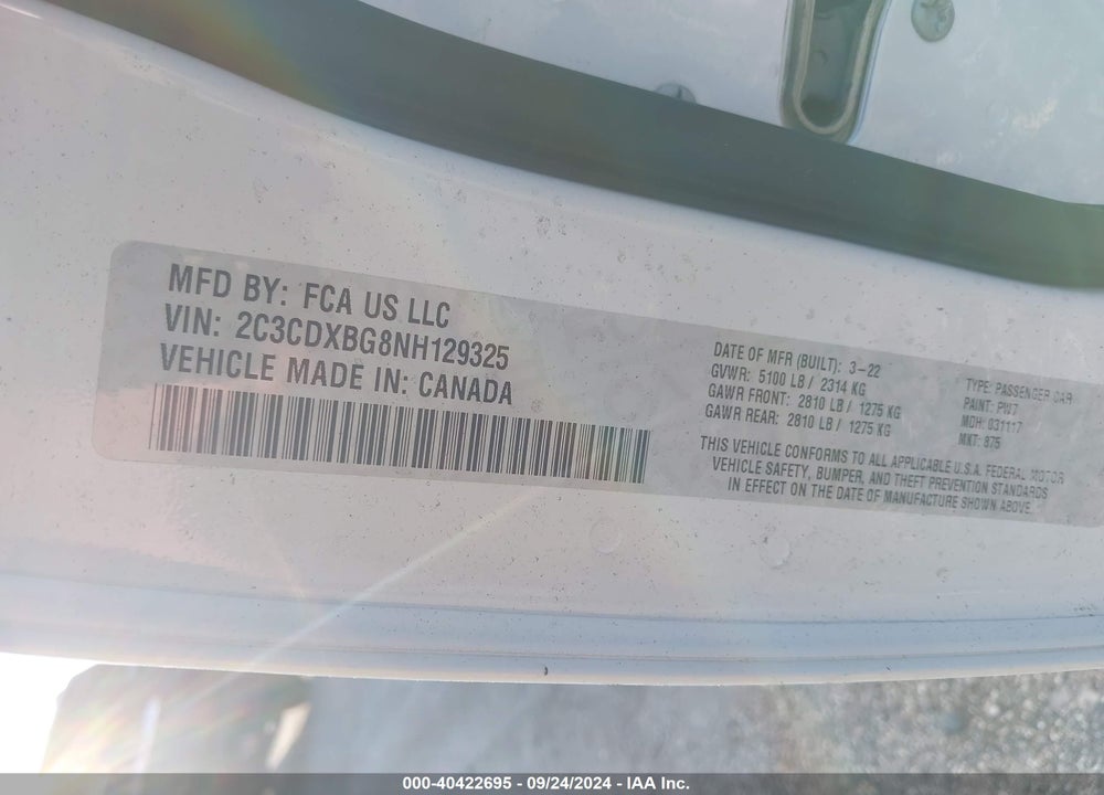 2022 DODGE CHARGER SXT RWD VIN: 2C3CDXBG8NH129325