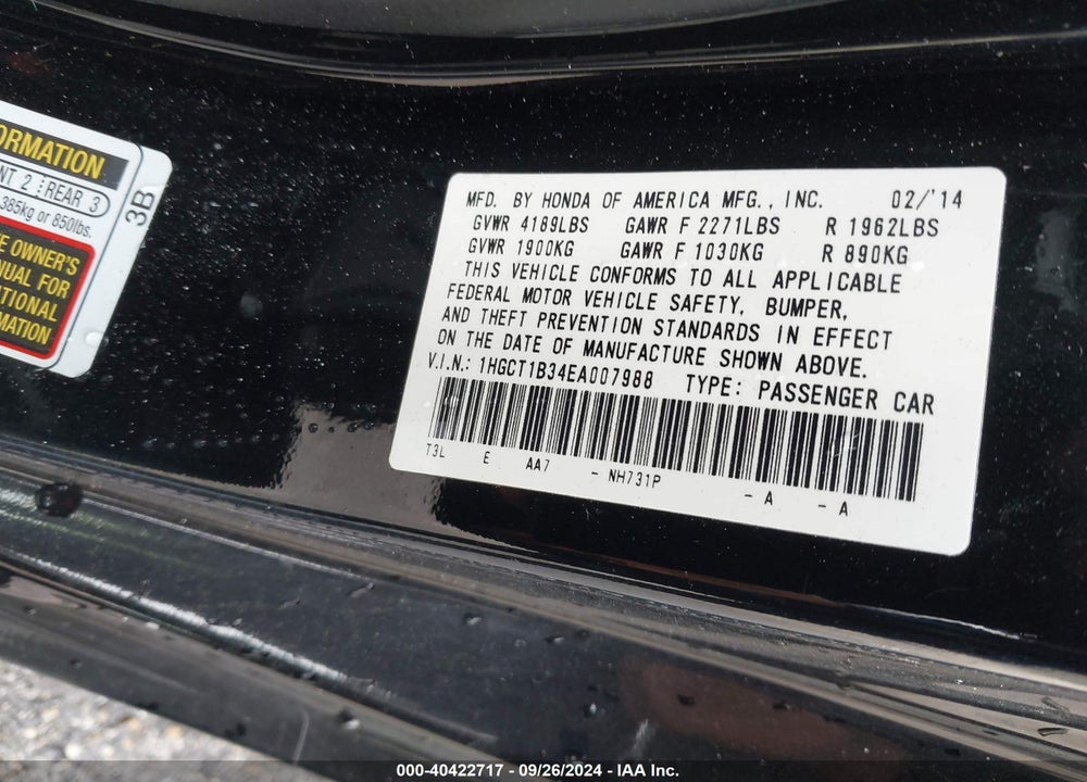 2014 HONDA ACCORD LX-S VIN: 1HGCT1B34EA007988
