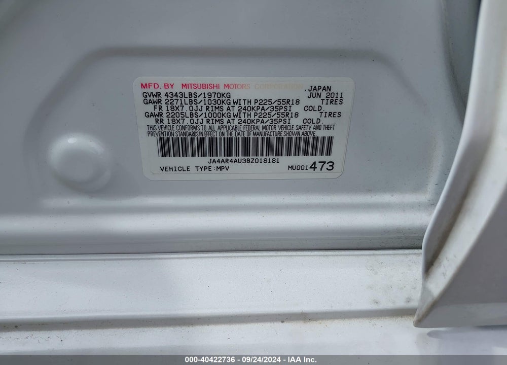 2011 MITSUBISHI OUTLANDER SPORT SE VIN: JA4AR4AU3BZ018181