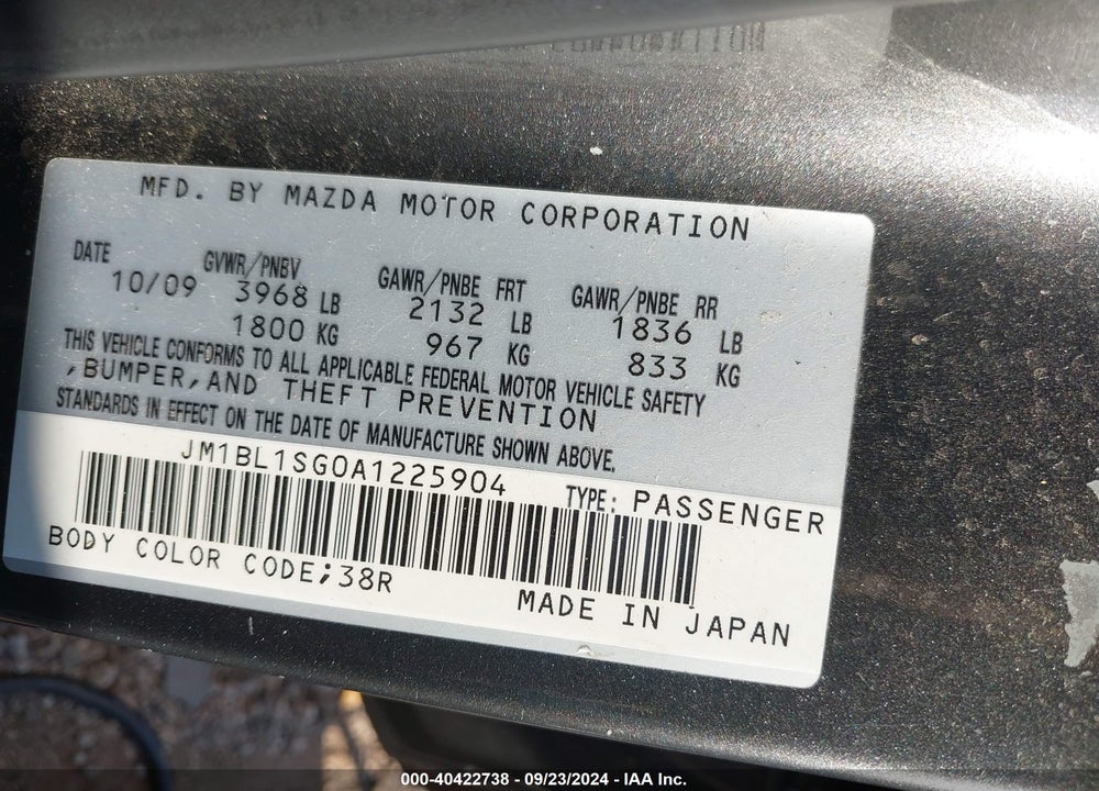 2010 MAZDA 3 I TOURING VIN: JM1BL1SG0A1225904