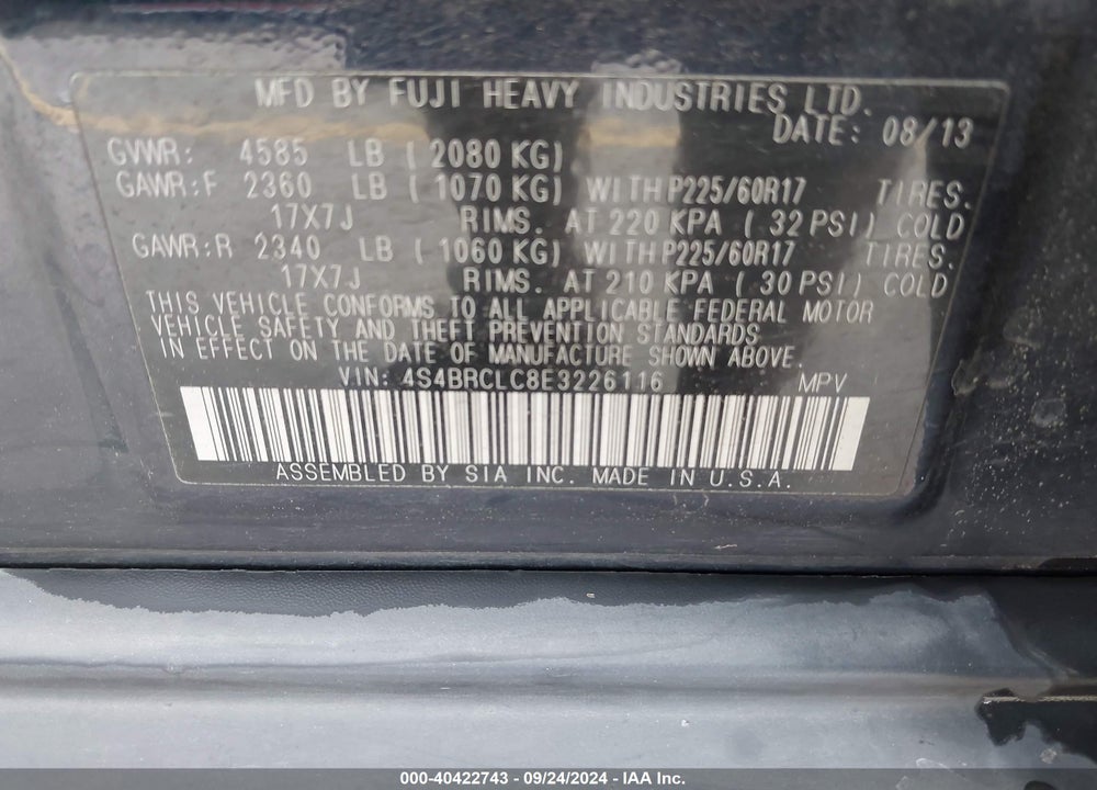 2014 SUBARU OUTBACK 2.5I LIMITED VIN: 4S4BRCLC8E3226116