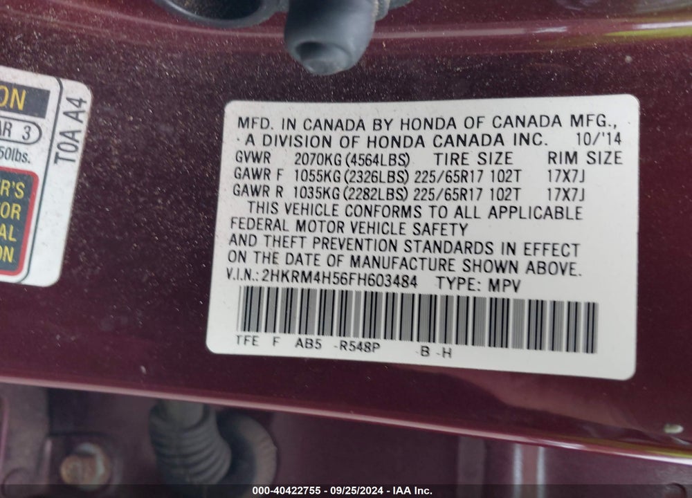 2015 HONDA CR-V EX VIN: 2HKRM4H56FH603484