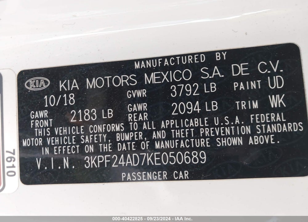 2019 KIA FORTE LXS VIN: 3KPF24AD7KE050689