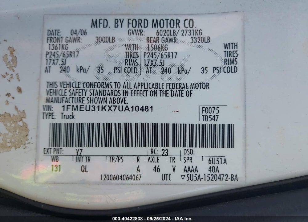 2007 FORD EXPLORER SPORT TRAC XLT VIN: 1FMEU31KX7UA10481