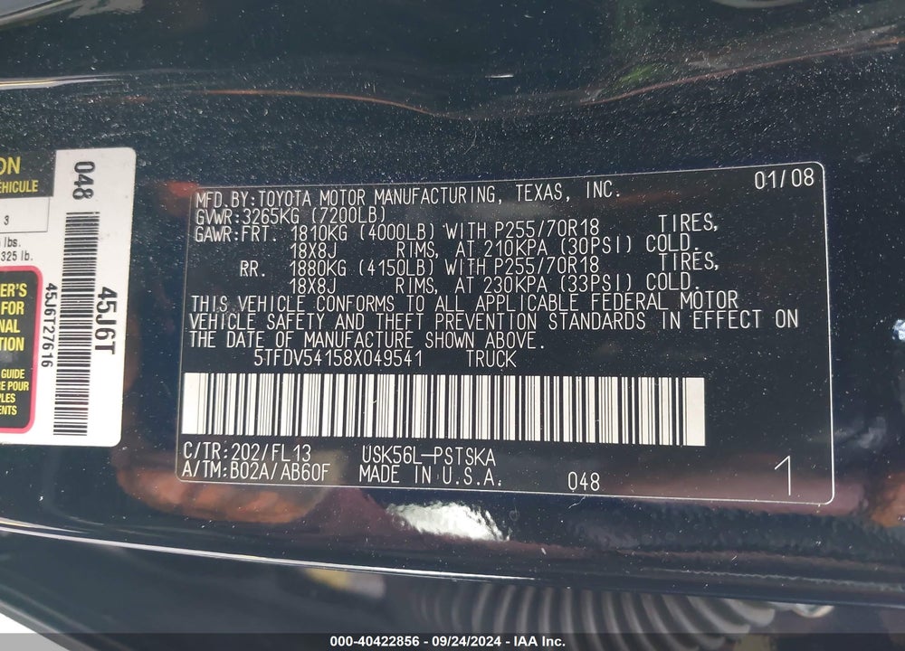 2008 TOYOTA TUNDRA BASE 5.7L V8 VIN: 5TFDV54158X049541