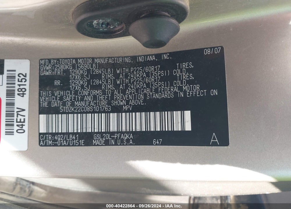 2008 TOYOTA SIENNA XLE VIN: 5TDZK22C08S101763