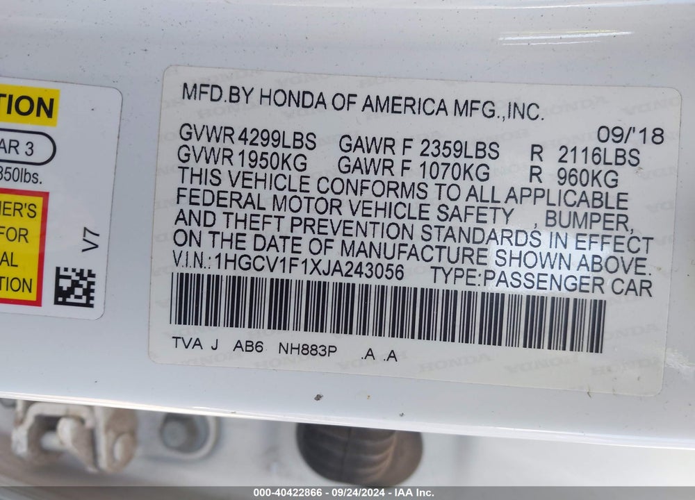 2018 HONDA ACCORD LX VIN: 1HGCV1F1XJA243056