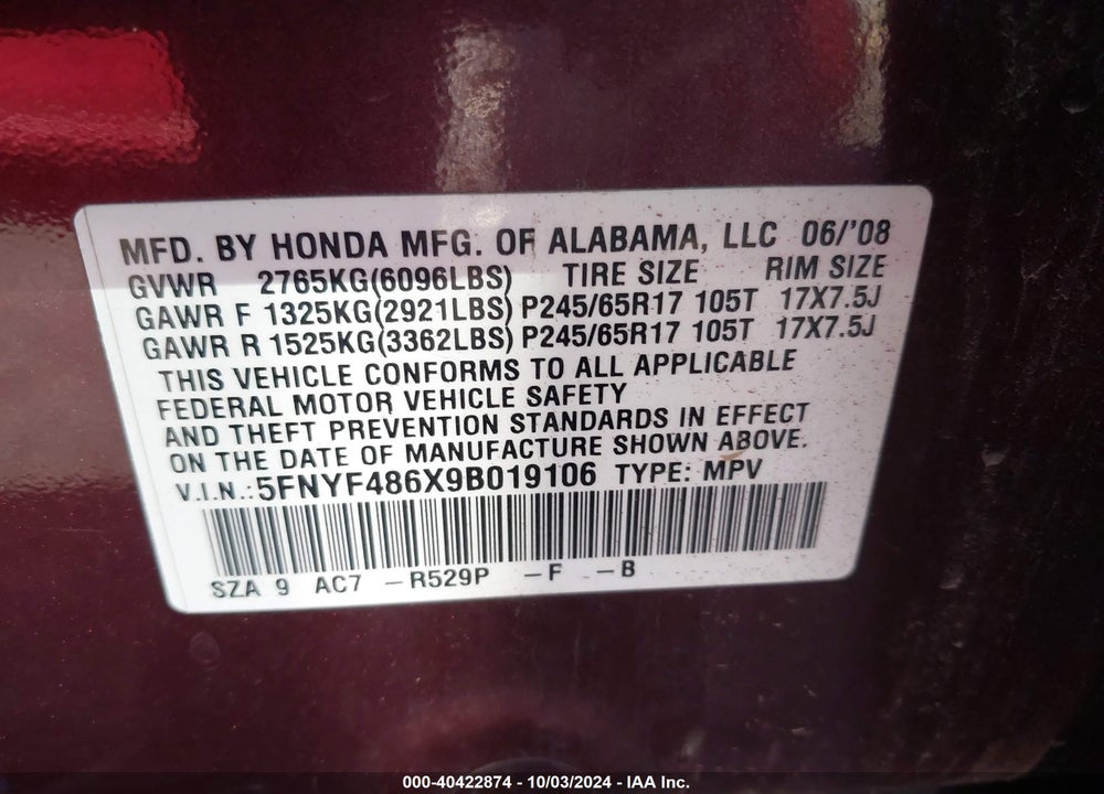 2009 HONDA PILOT EX-L VIN: 5FNYF486X9B019106