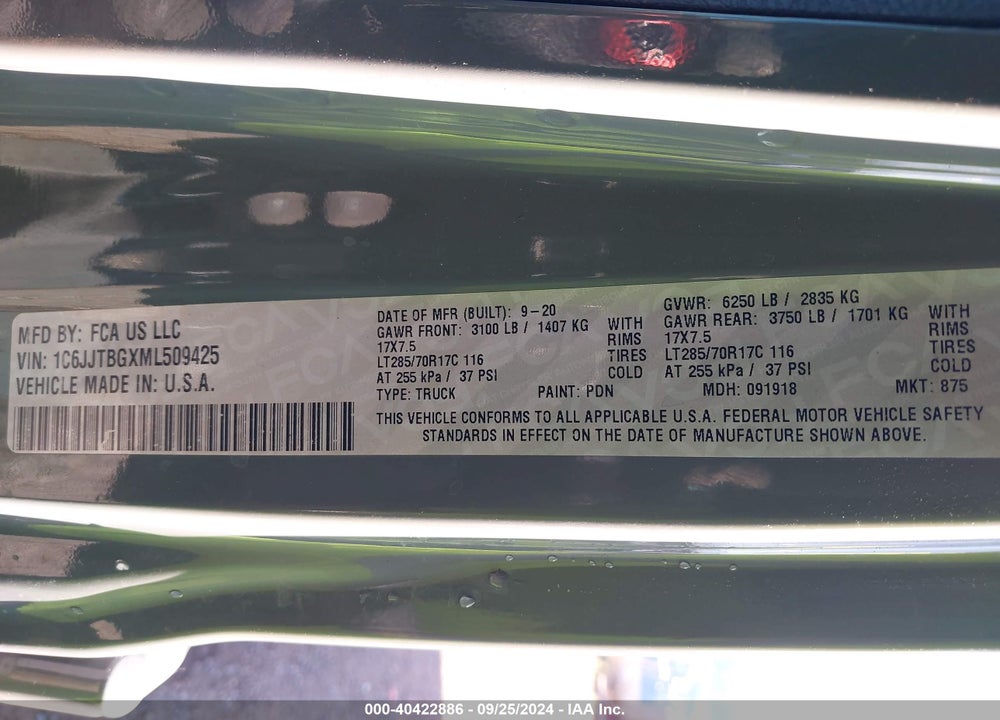 2021 JEEP GLADIATOR RUBICON 4X4 VIN: 1C6JJTBGXML509425