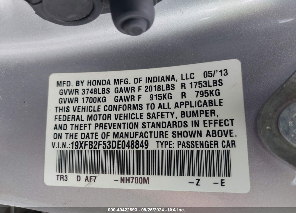 2013 HONDA CIVIC LX VIN: 19XFB2F53DE048849