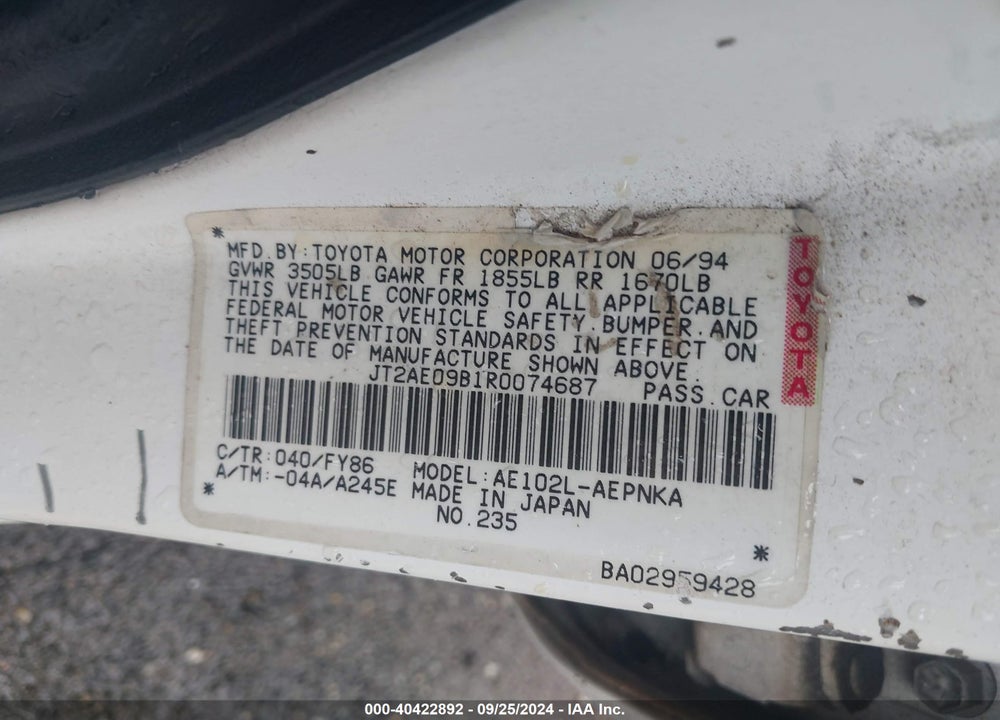 1994 TOYOTA COROLLA LE/DX VIN: JT2AE09B1R0074687