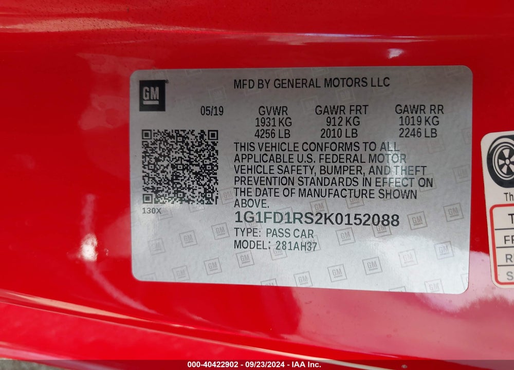 2019 CHEVROLET CAMARO 3LT VIN: 1G1FD1RS2K0152088