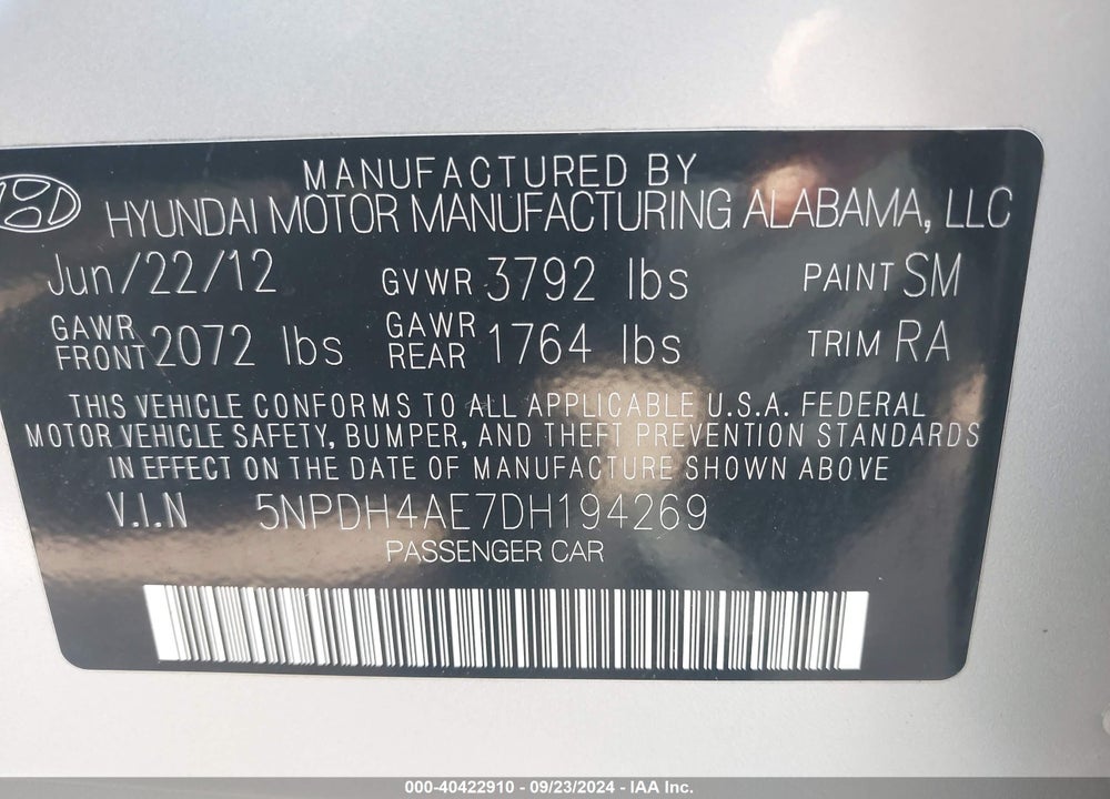 2013 HYUNDAI ELANTRA GLS VIN: 5NPDH4AE7DH194269