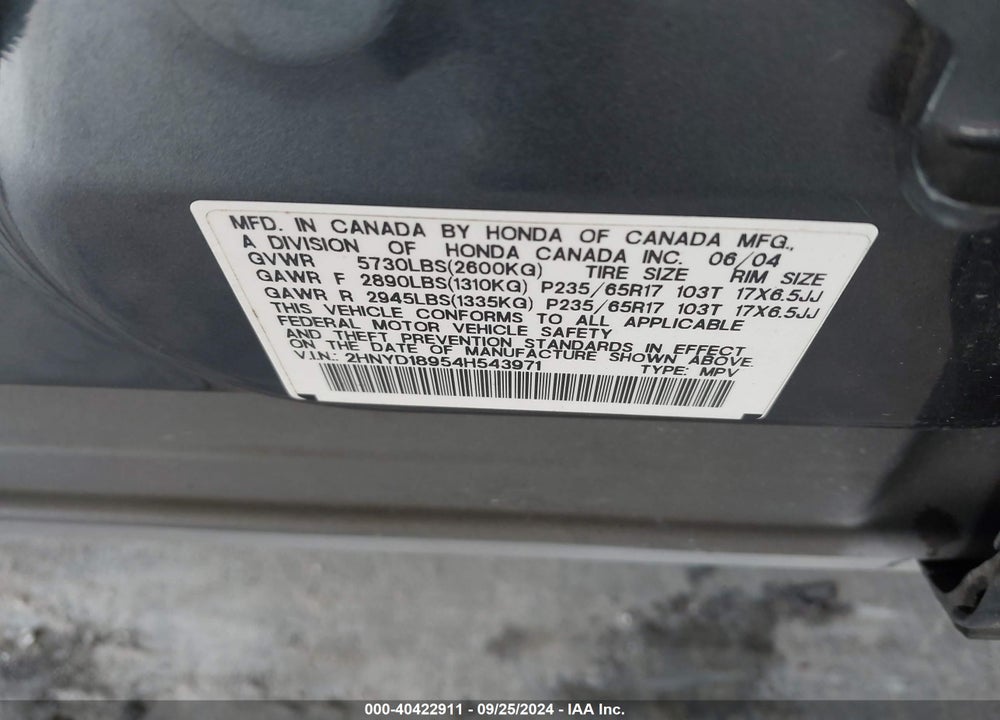 2004 ACURA MDX VIN: 2HNYD18954H543971