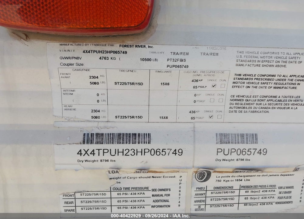 2017 PUMA PUMA 32FBI VIN: 4X4TPUH23HP065749