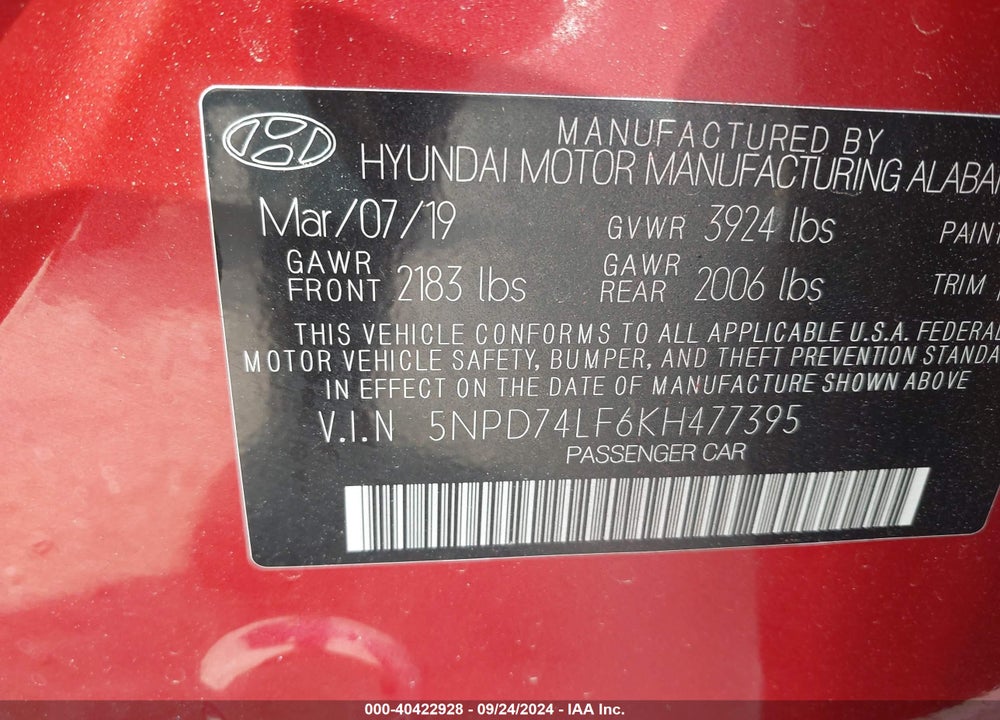 2019 HYUNDAI ELANTRA SE VIN: 5NPD74LF6KH477395