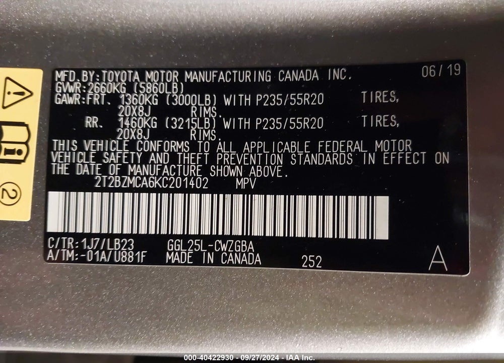 2019 LEXUS RX 350 VIN: 2T2BZMCA6KC201402