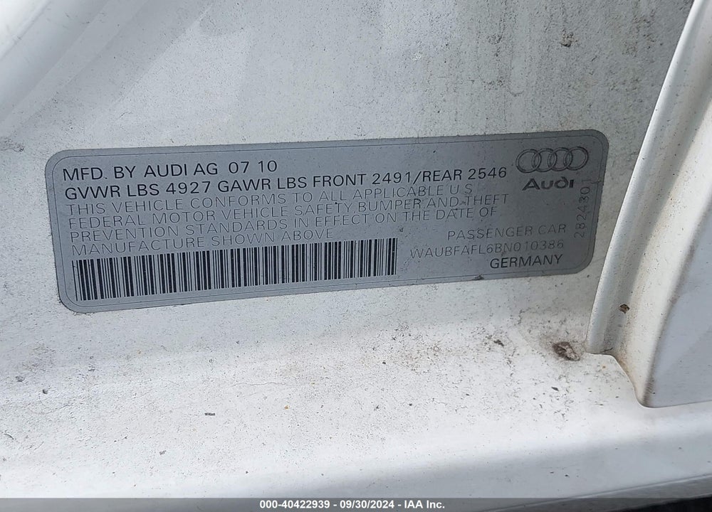 2011 AUDI A4 2.0T PREMIUM VIN: WAUBFAFL6BN010386