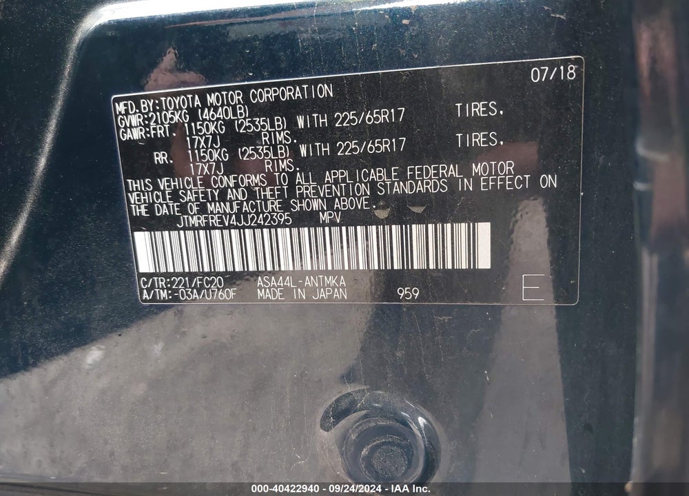 2018 TOYOTA RAV4 XLE VIN: JTMRFREV4JJ242395