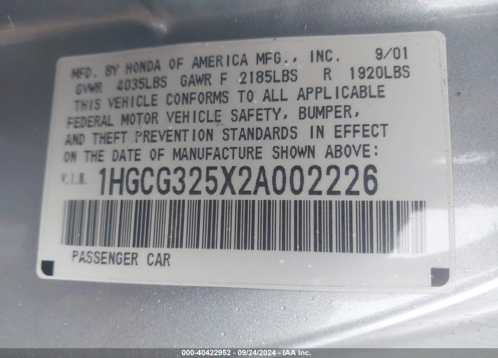 2002 HONDA ACCORD CPE EX/EX W/LEATHER VIN: 1HGCG325X2A002226
