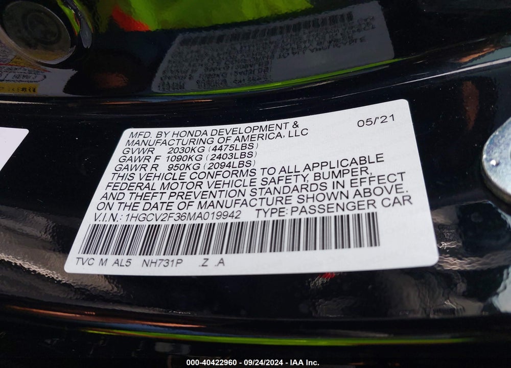 2021 HONDA ACCORD SPORT 2.0T VIN: 1HGCV2F36MA019942
