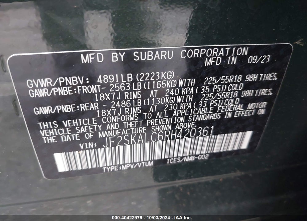 2024 SUBARU FORESTER LIMITED VIN: JF2SKALC6RH420361