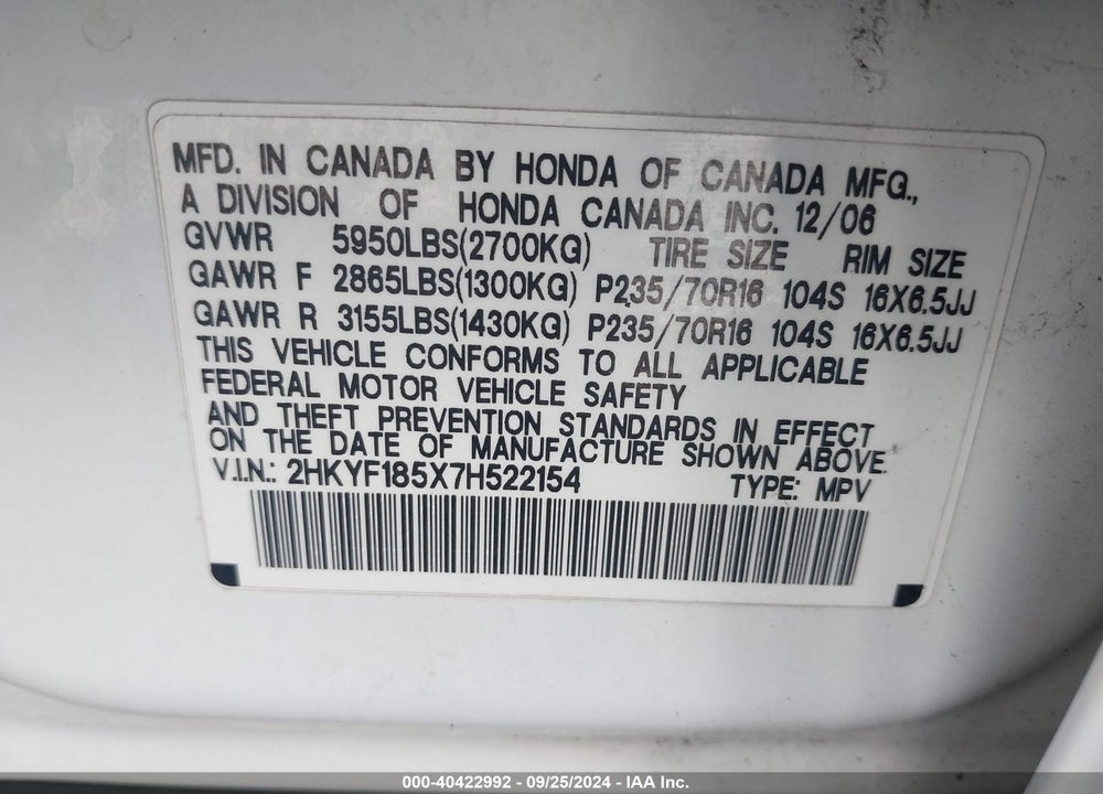 2007 HONDA PILOT EX-L VIN: 2HKYF185X7H522154