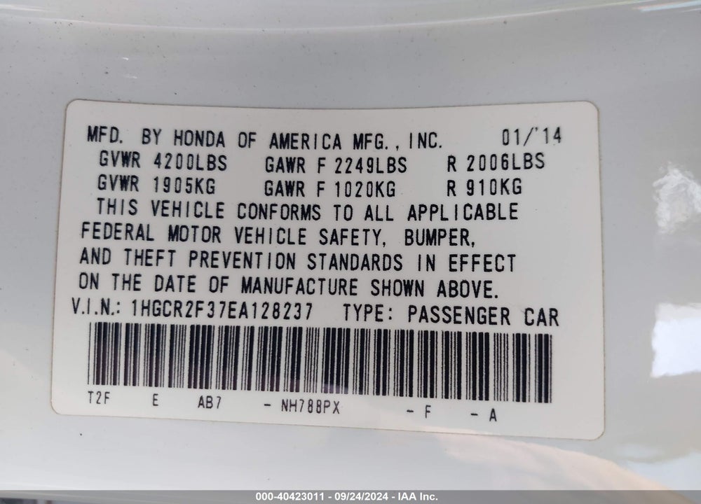 2014 HONDA ACCORD LX VIN: 1HGCR2F37EA128237