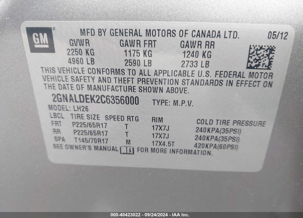 2012 CHEVROLET EQUINOX 1LT VIN: 2GNALDEK2C6356000
