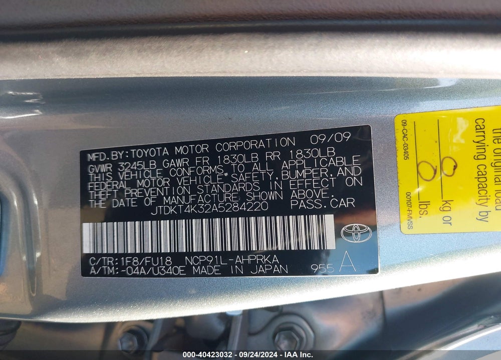 2010 TOYOTA YARIS VIN: JTDKT4K32A5284220