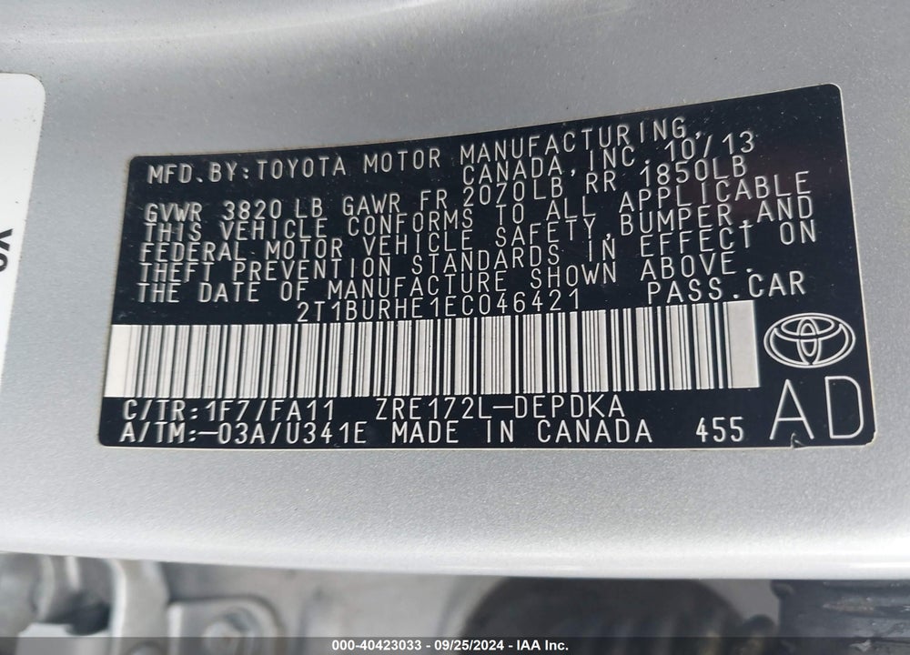 2014 TOYOTA COROLLA L VIN: 2T1BURHE1EC046421