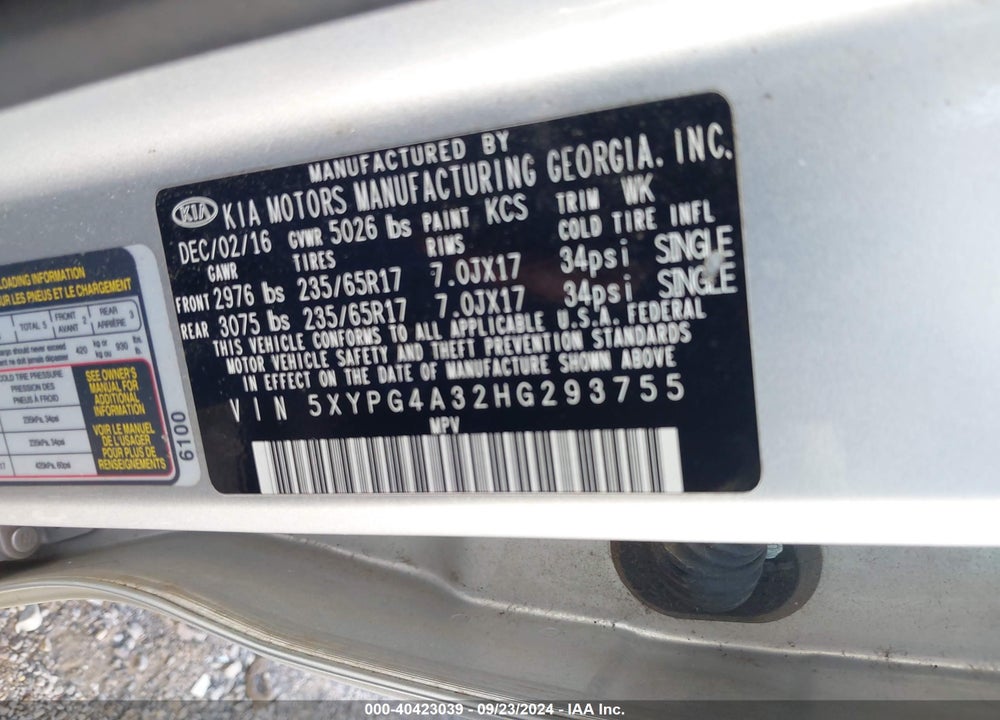 2017 KIA SORENTO 2.4L L VIN: 5XYPG4A32HG293755