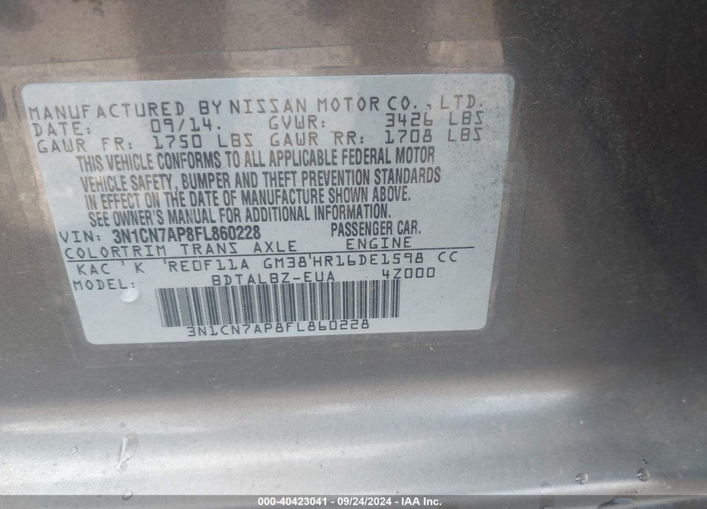 2015 NISSAN VERSA 1.6 SV VIN: 3N1CN7AP8FL860228