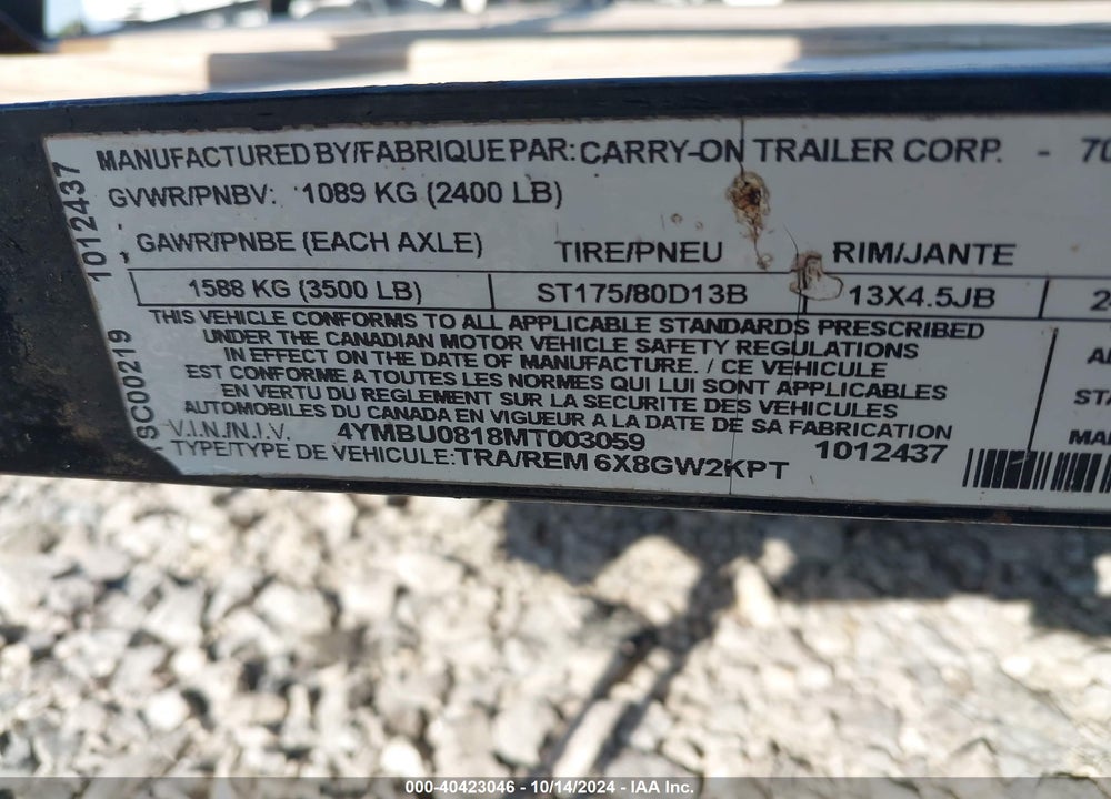 2021 CARRY ON 6X8 UTILITY TRAILER VIN: 4YMBU0818MT003059