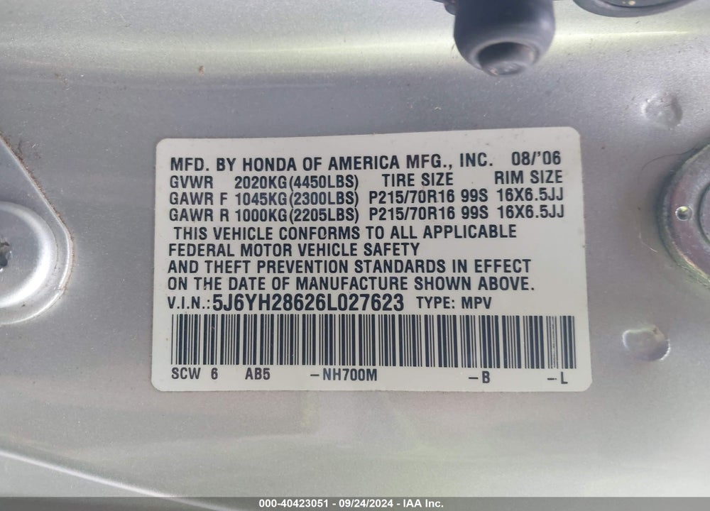 2006 HONDA ELEMENT EX VIN: 5J6YH28626L027623