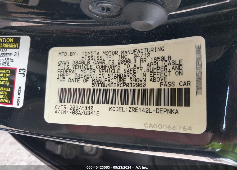 2012 TOYOTA COROLLA LE VIN: 5YFBU4EEXCP032960