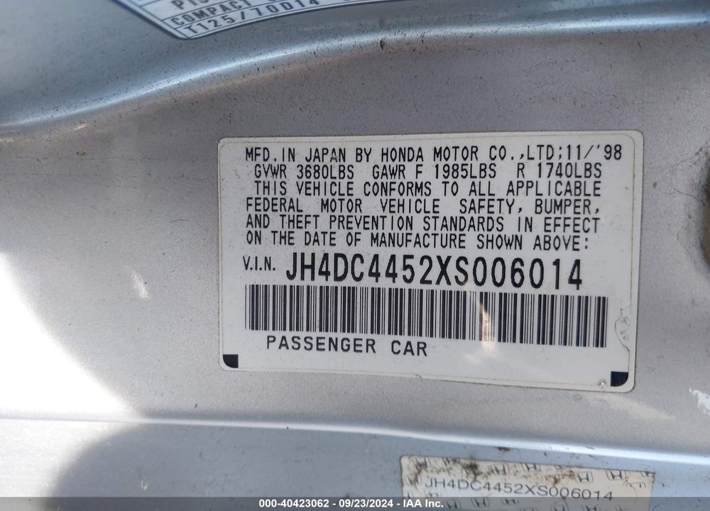 1999 ACURA INTEGRA LS VIN: JH4DC4452XS006014