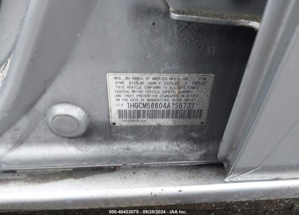 2004 HONDA ACCORD 2.4 EX VIN: 1HGCM56604A156731