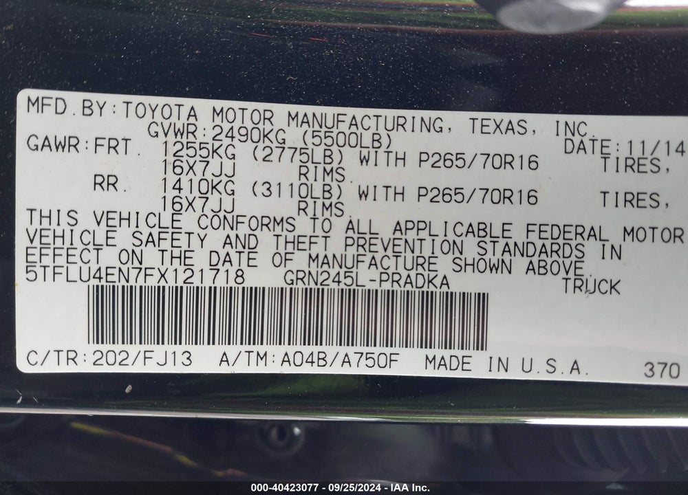 2015 TOYOTA TACOMA BASE V6 VIN: 5TFLU4EN7FX121718