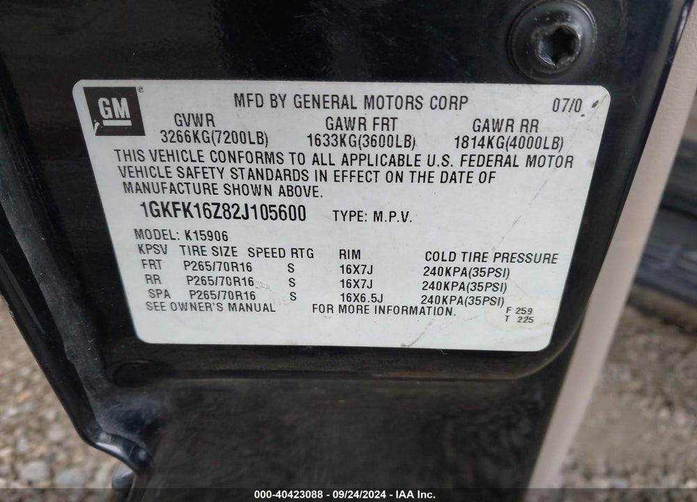 2002 GMC YUKON XL 1500 SLT VIN: 1GKFK16Z82J105600
