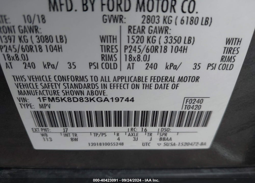 2019 FORD EXPLORER XLT VIN: 1FM5K8D83KGA19744