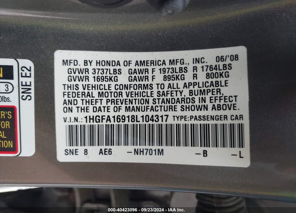 2008 HONDA CIVIC EX-L VIN: 1HGFA16918L104317