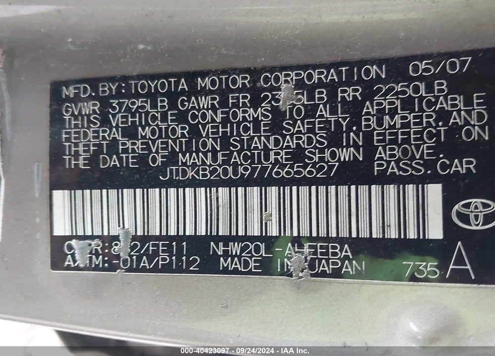 2007 TOYOTA PRIUS VIN: JTDKB20U977665627