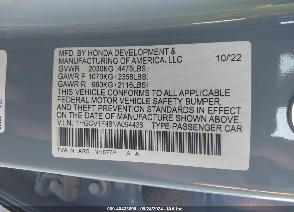 2022 HONDA ACCORD VIN: 1HGCV1F48NA094436