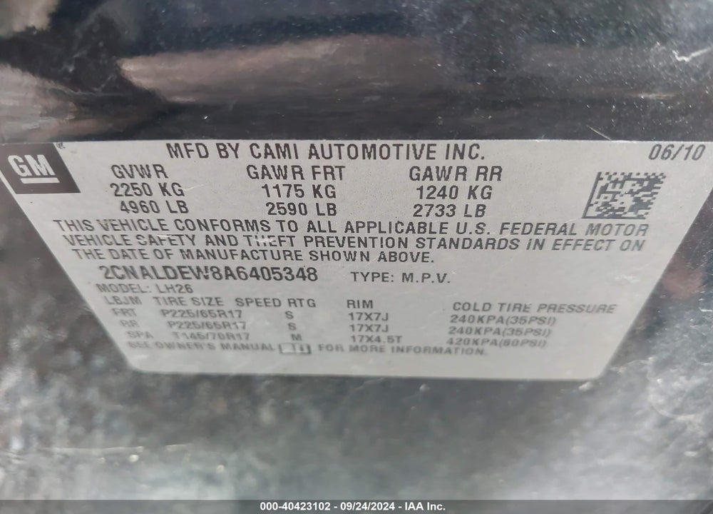 2010 CHEVROLET EQUINOX LT VIN: 2CNALDEW8A6405348